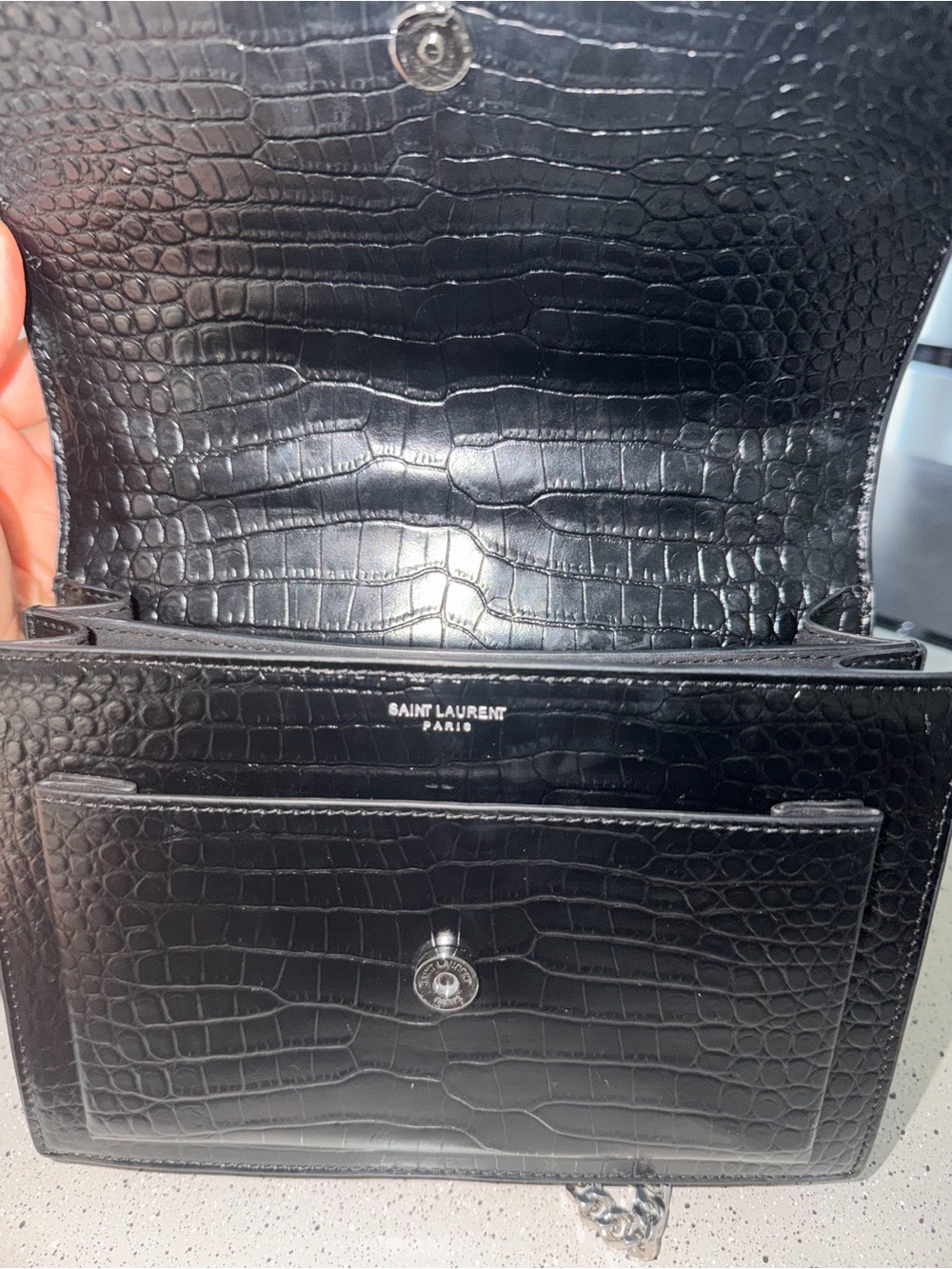 Saint Laurent Black Croc-Embossed Shoulder Bag with Silver YSL Hardware - Picture 5 of 9